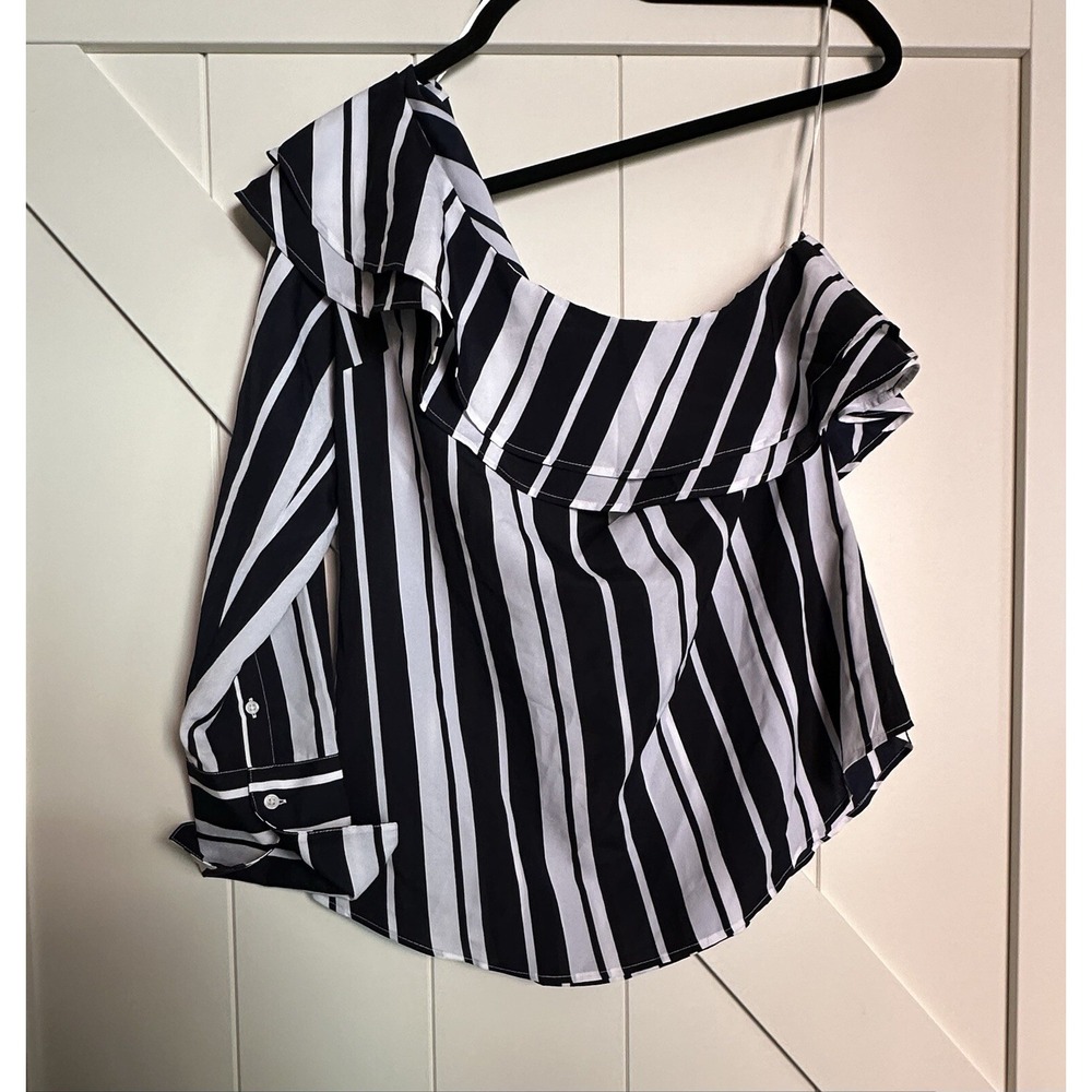 Banana Republic Navy Striped One‎ Shoulder French Cuff Blouse Ruffle Neck Size M